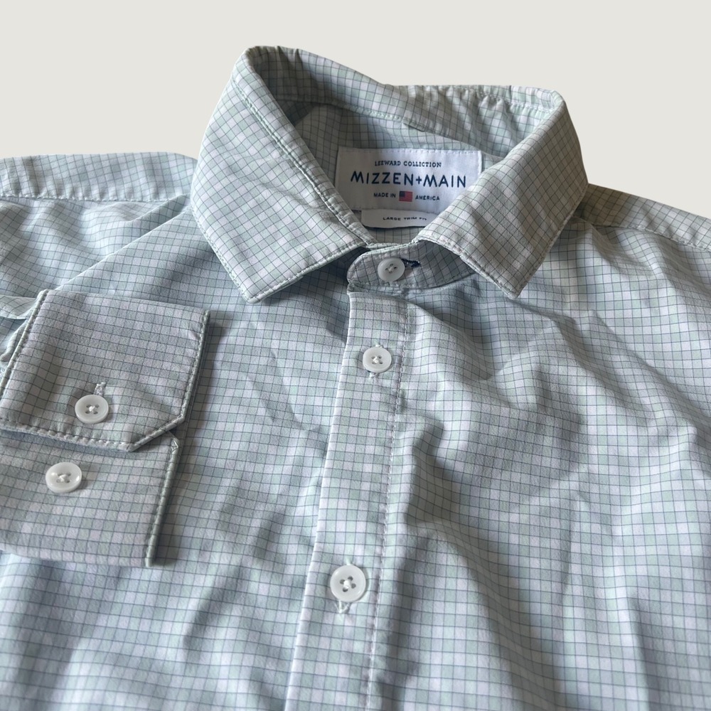 Mizzen + Main Men's Large Trim Fit Leeward Shirt Blue Green Grid Performance